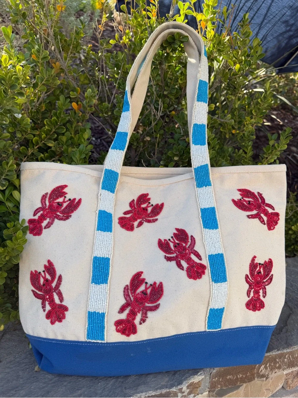 NWT Viral Beaded Cream Tote with Blue and White Trim & Red Beaded Lobster